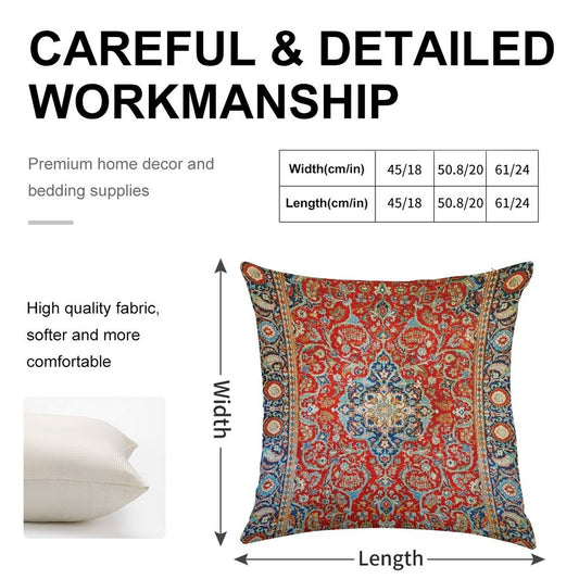 Red Blue Antique Floral Persian Carpet Print Linen Throw Pillow Cover