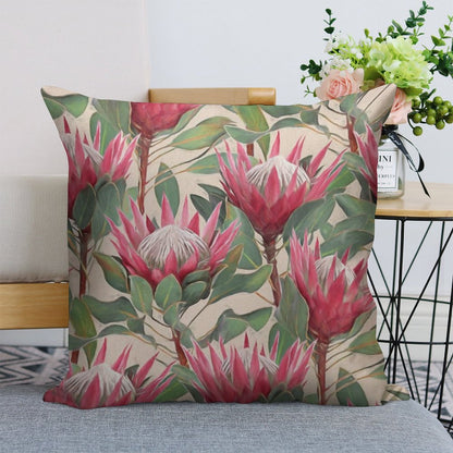 Painted King Proteas on Cream Linen Throw Pillow Cover