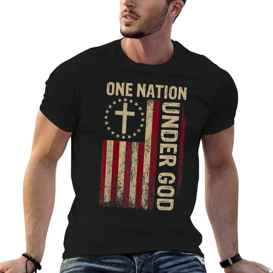 One Nation Under God 4th Of July Patriotic Christian  Rolled Sleeves T-Shirt