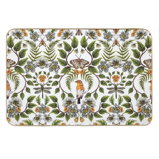Spring Reflection - FloralBotanical Pattern W Birds, Moths, Dragonflies & Flowers Bath Mat