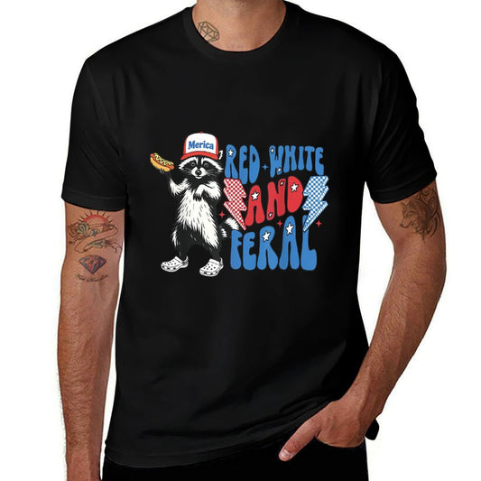 Red White And Feral Funny Raccoon 4th of July Patriotic  Versatile T-Shirt