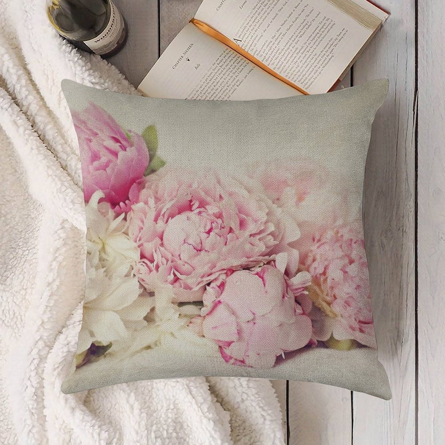 Peonies on White Linen Throw Pillow Cover