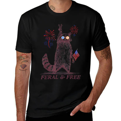 Feral & Free Funny Patriotic Racoon Feral And Free 4th July  Cotton T-Shirt