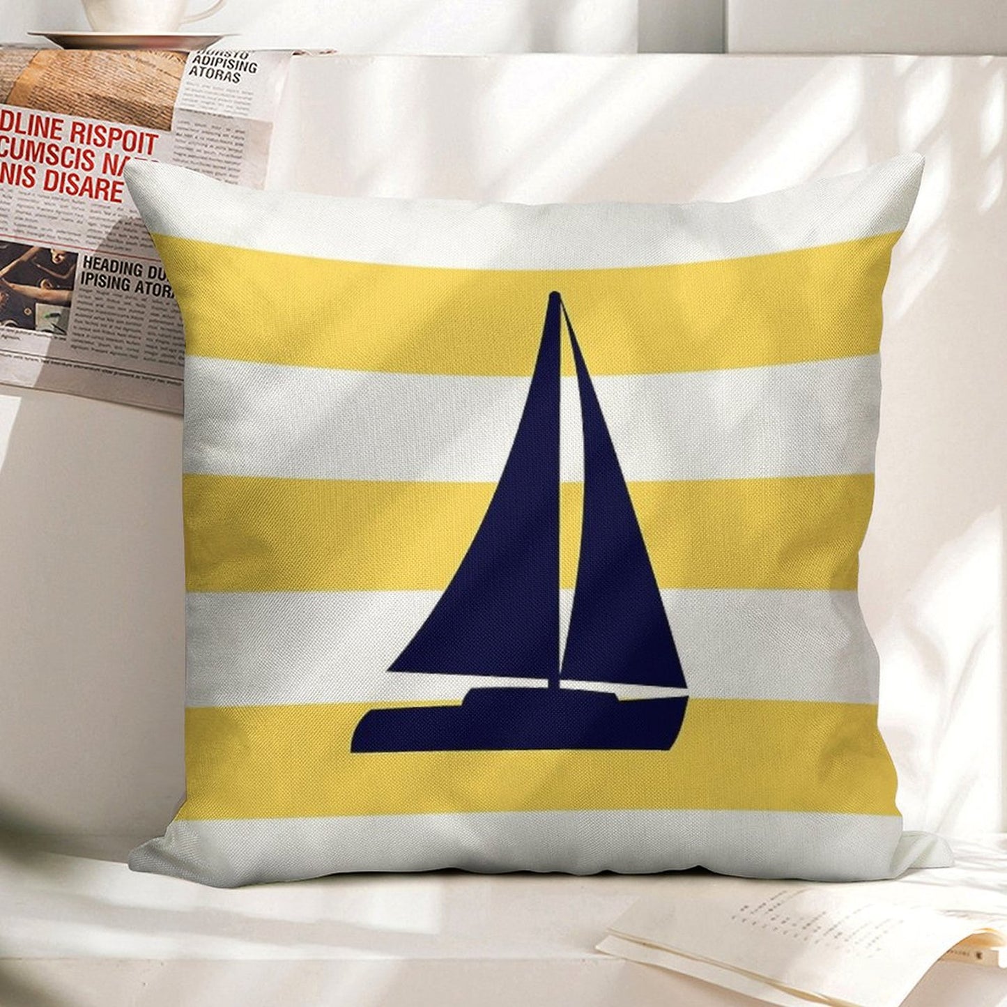 Nautical Navy Blue Sailboat On Mustard Yellow Stripes Linen Throw Pillow Cover