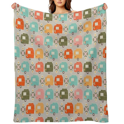 Colourful Vintage Caravans And Daisies Throw Blanket
