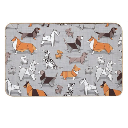 Origami Doggie Friends  Grey Linen Texture Background Bath Mat