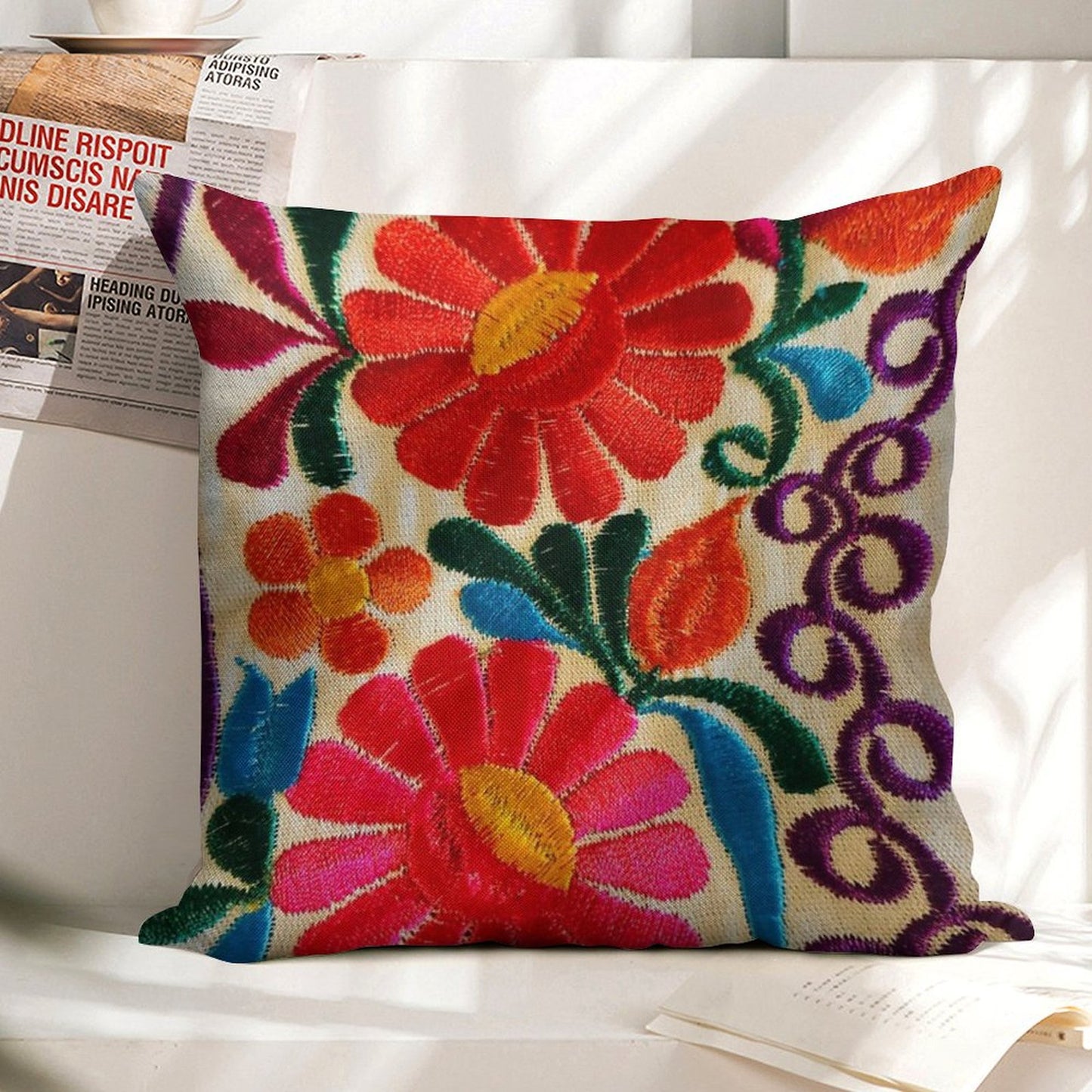 Mexico's Flowers Linen Throw Pillow Cover