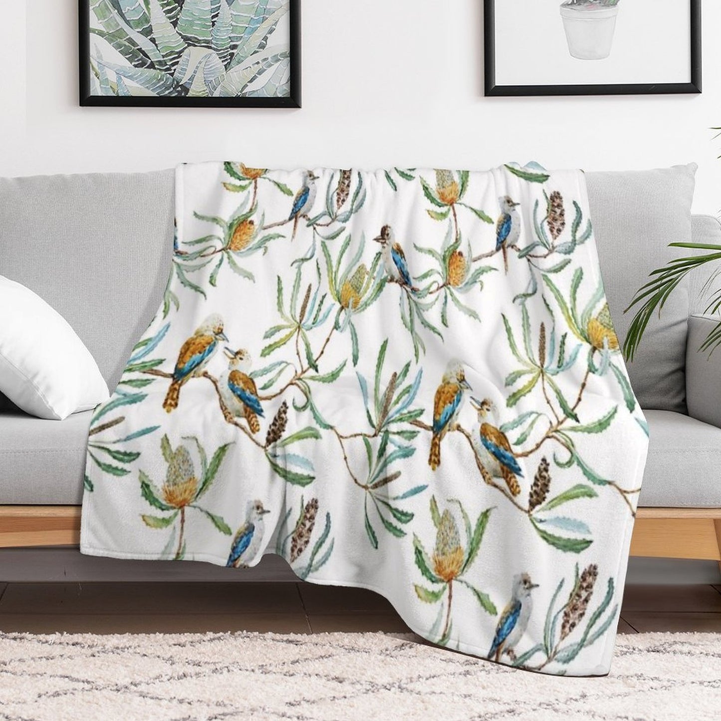 Australian Kookaburras, Waratah Flowers,  Leaves Pattern Throw Blanket