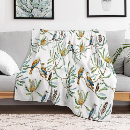 Australian Kookaburras, Waratah Flowers,  Leaves Pattern Throw Blanket
