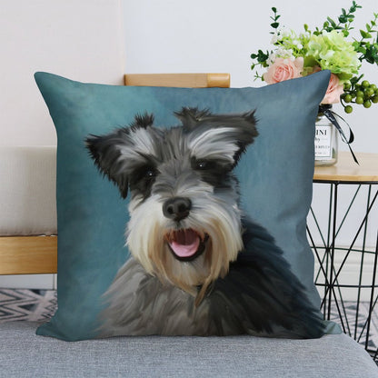 Miniature Schnauzer Dog Water Color Art Painting Linen Throw Pillow Cover