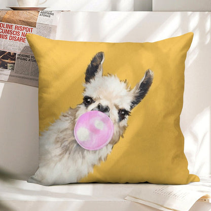 Bubble Gum Sneaky Llama in Mustard Yellow Linen Throw Pillow Cover