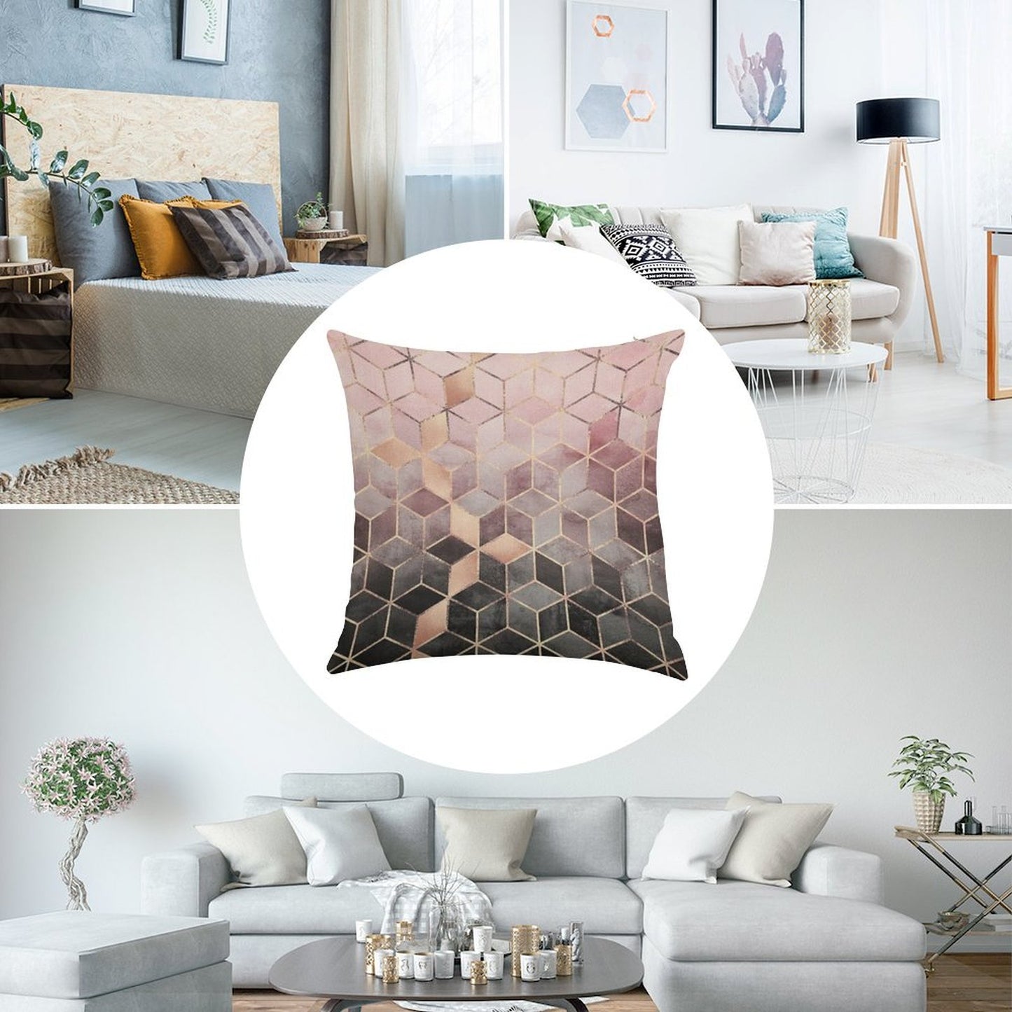 Pink And Grey Gradient Cubes Linen Throw Pillow Cover