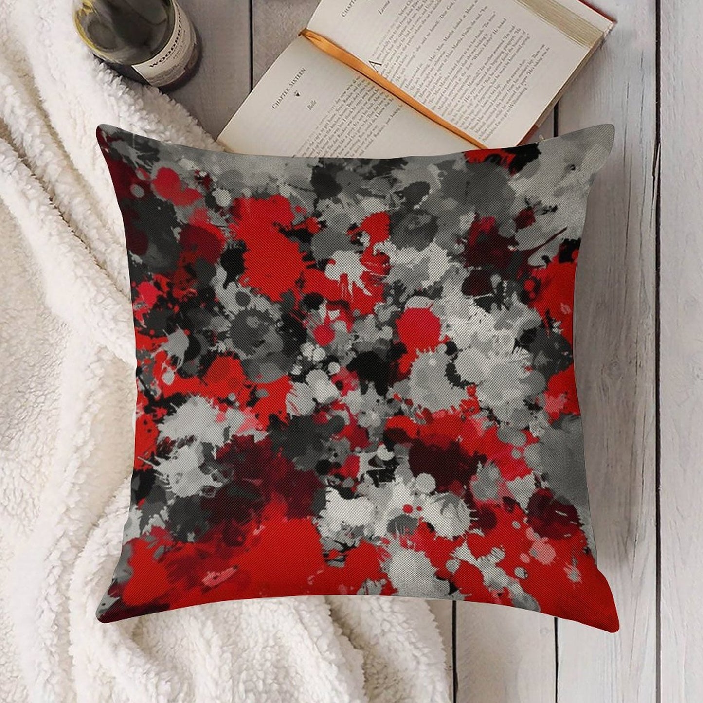 Red And Grey Paint Splatter Linen Throw Pillow Cover