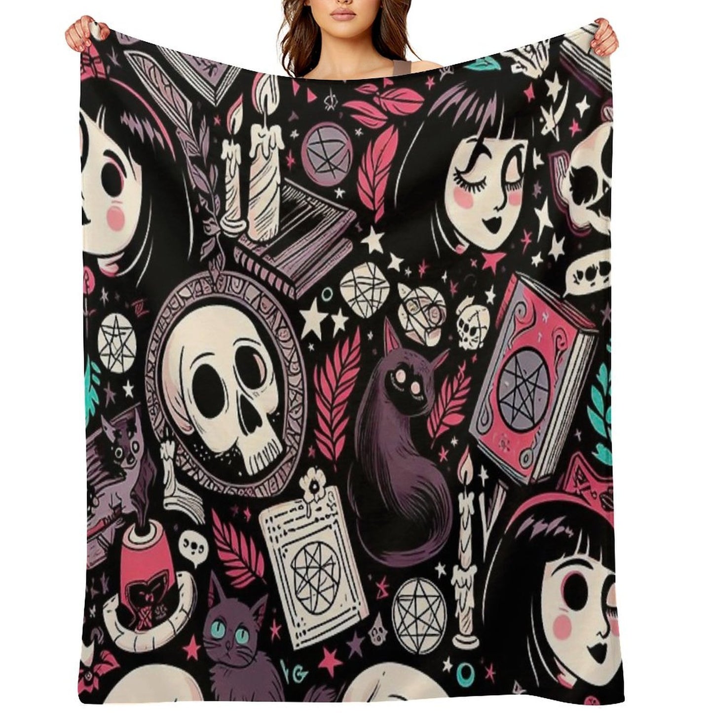 Neo-Gothic Wicca Skulls, Cats, And Ancient Spellbooks in An Intricate Pattern Throw Blanket