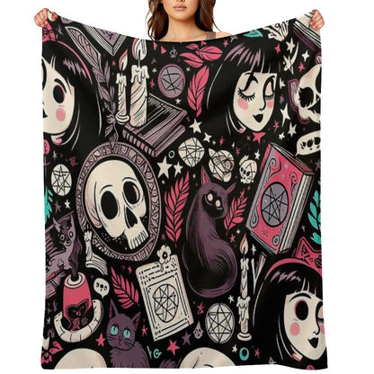Neo-Gothic Wicca Skulls, Cats, And Ancient Spellbooks in An Intricate Pattern Throw Blanket