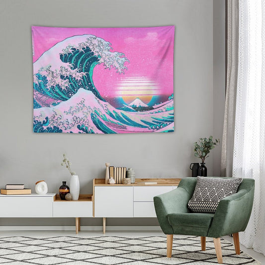 Vaporwave Aesthetic Great Wave Off Kanagawa Retro Sunset Tapestry