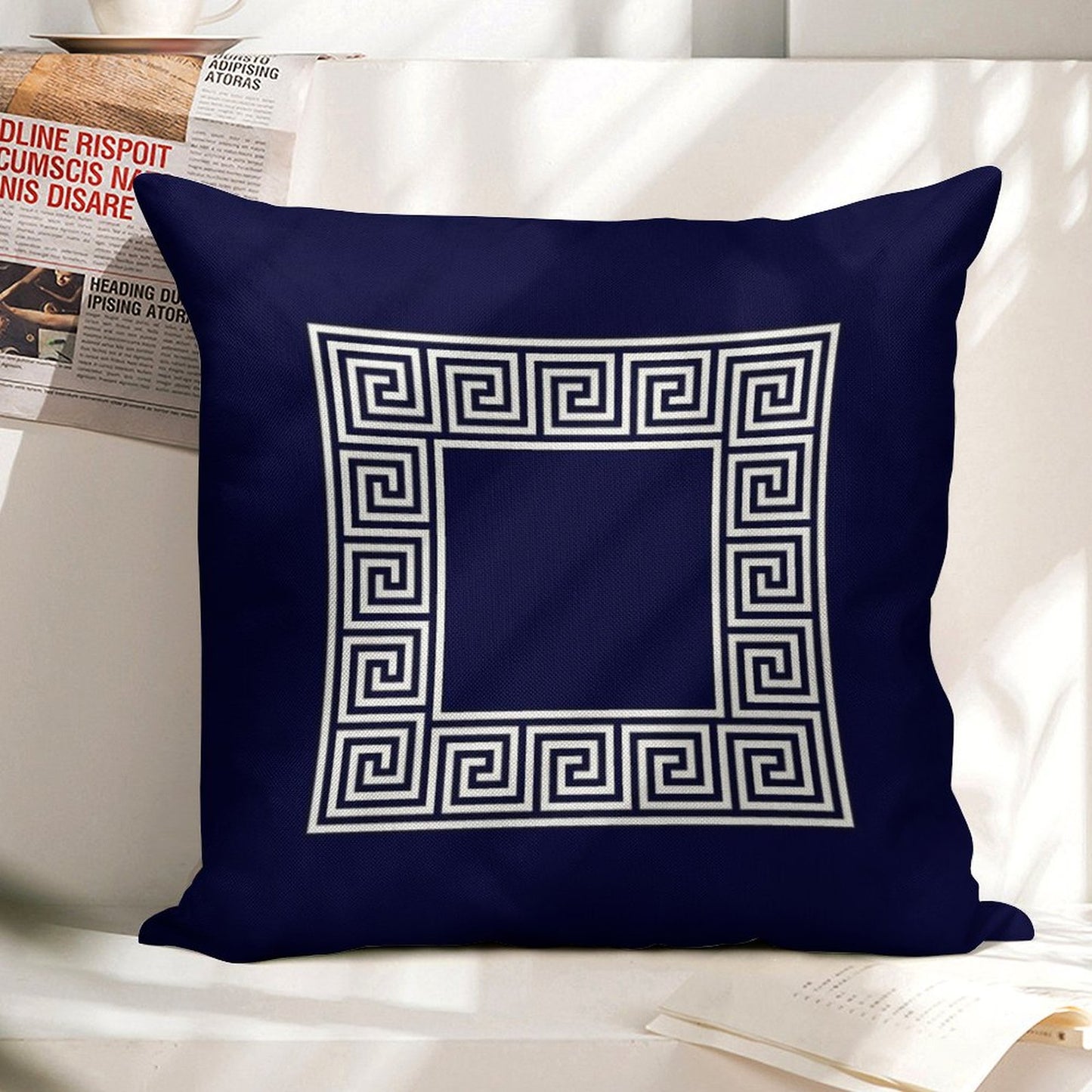 Navy Blue Greek Key Meander Square Linen Throw Pillow Cover