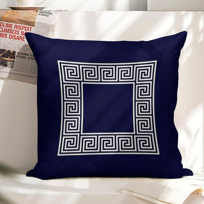 Navy Blue Greek Key Meander Square Linen Throw Pillow Cover