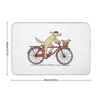 Dog And Squirrel Are Friends  Whimsical Animal Art  Dog Riding A Bicycle  Easy To Clean Bath Mat