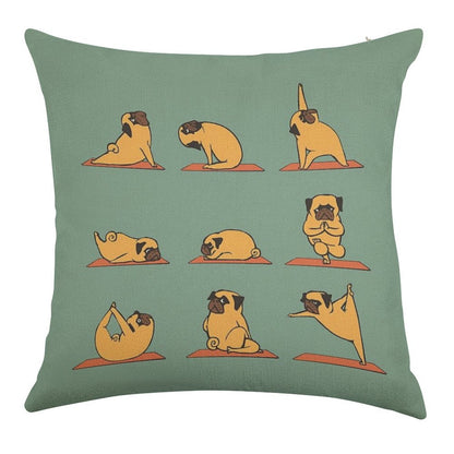 Pug Yoga Linen Throw Pillow Cover