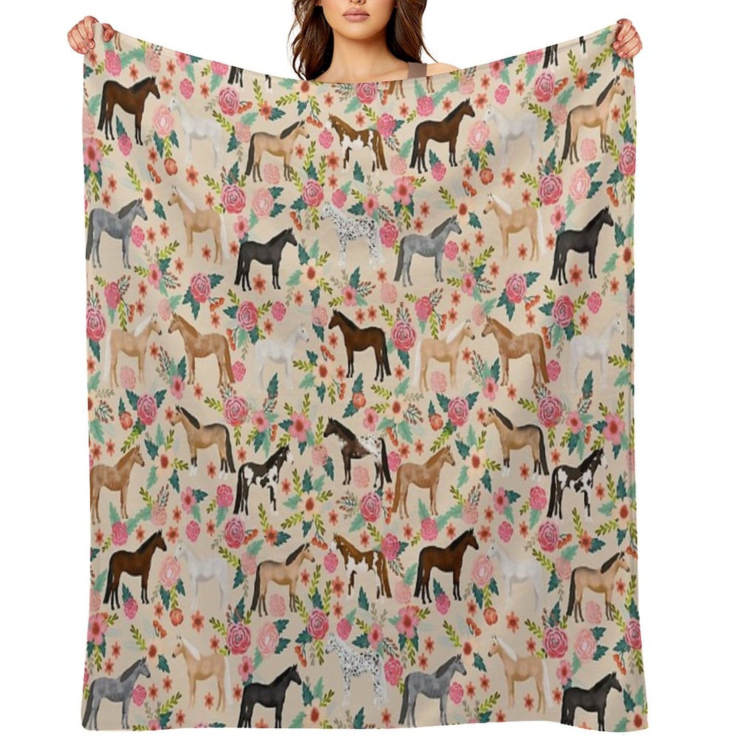 Horses Floral Horse Breeds Farm Animal Pets Throw Blanket