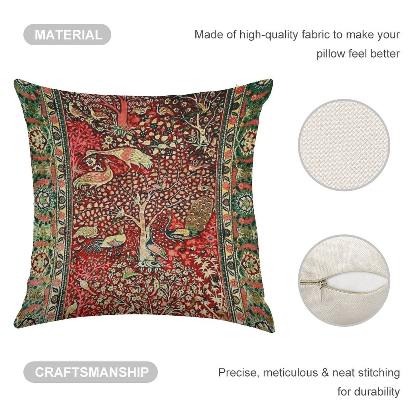 Antique Persian Rug Bird Tree Flowers Ca. 1600 Print Linen Throw Pillow Cover