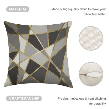 Black & Gray Modern Geo Gold Triangles Linen Throw Pillow Cover