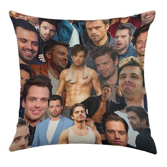 Sebastian Stan Photo Collage Linen Throw Pillow Cover