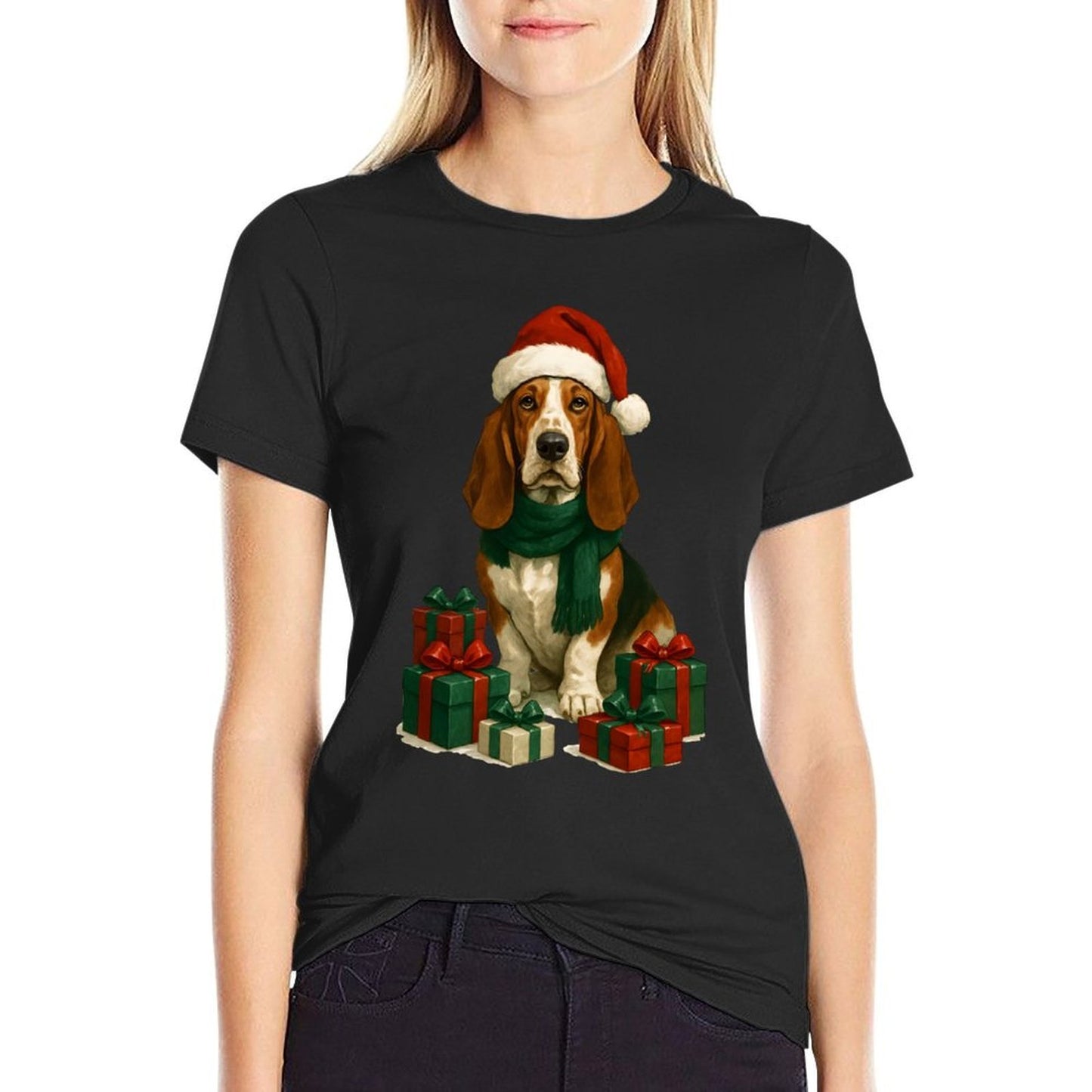 Christmas Basset Hound with Santa Claus Hat, Cute  Cotton T-Shirt