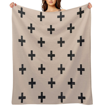 Beige And Black Textured Swiss Cross Pattern Throw Blanket