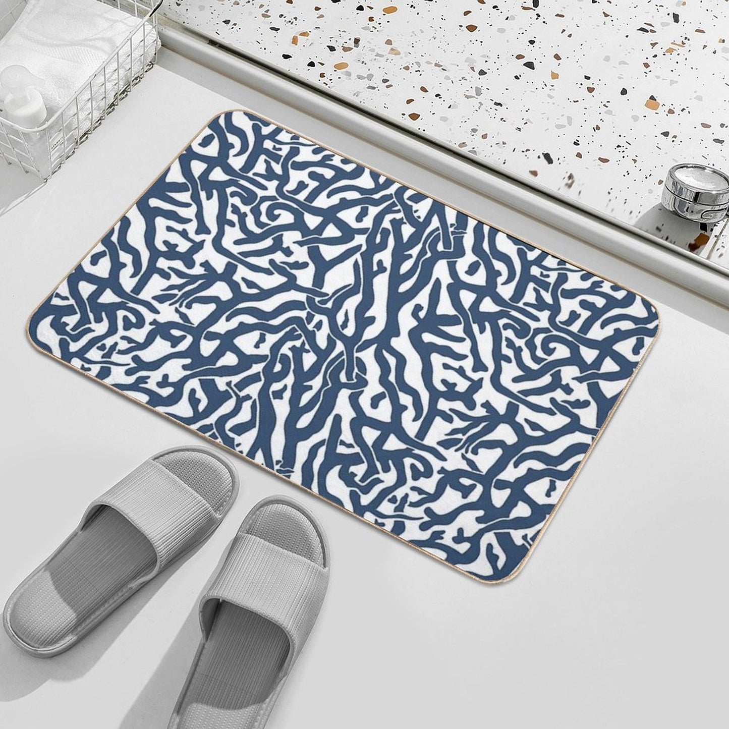 Coral Reef Pattern  Navy Blue White Coastal Beach House Bath Mat