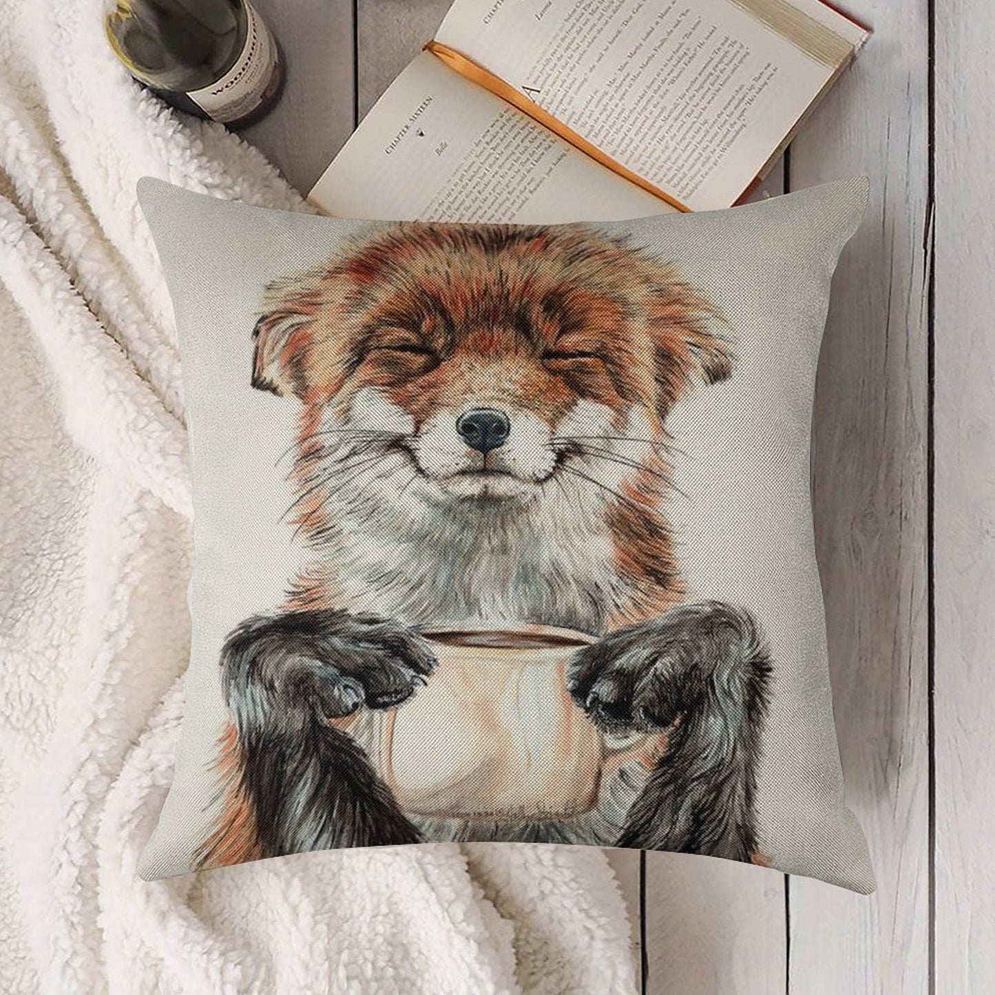 Morning Fox - Cute Coffee Animal Linen Throw Pillow Cover
