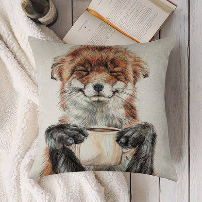 Morning Fox - Cute Coffee Animal Linen Throw Pillow Cover