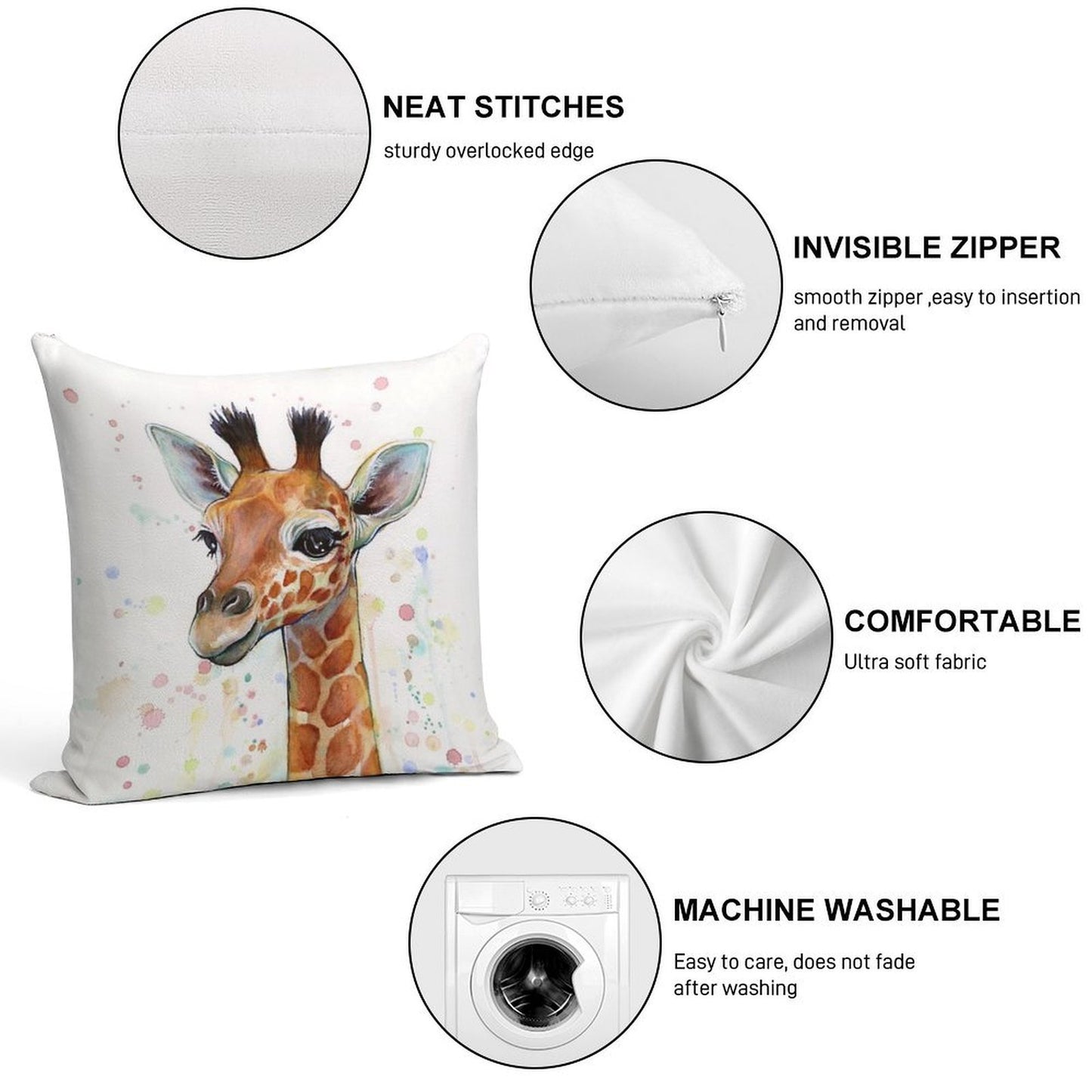 Baby Giraffe Watercolor Painting, Nursery Art Soft Fade-Resistant Throw Pillow