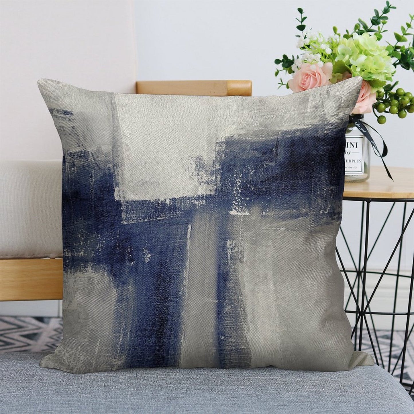 Classic Blue Abstract Linen Throw Pillow Cover