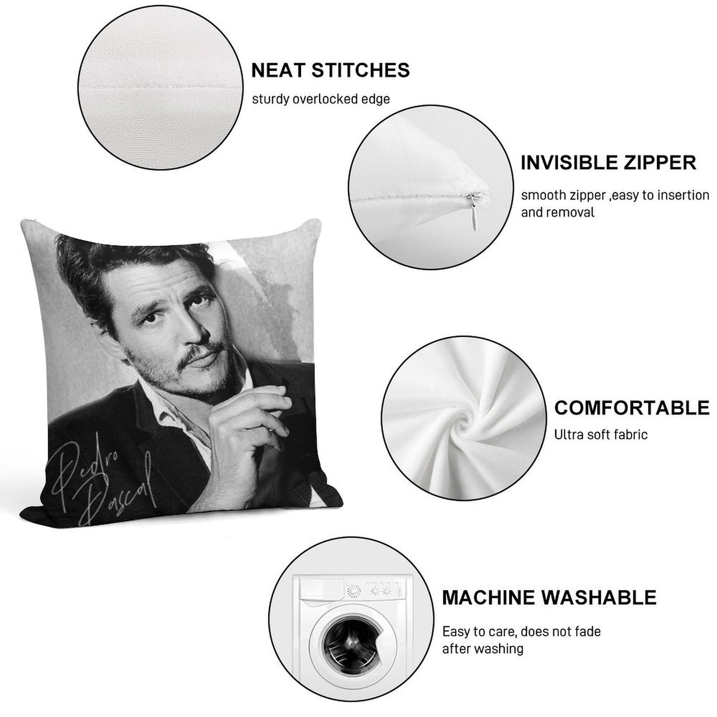 Pedro Pascal - BW III Soft Hidden Zipper Throw Pillow