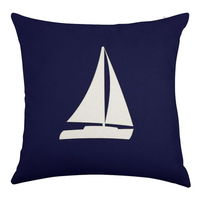 Sailboat Silhouette On Navy Blue Linen Throw Pillow Cover