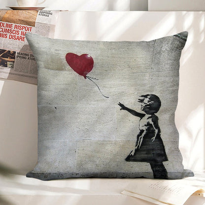 Banksy's Girl with A Red Balloon Linen Throw Pillow Cover