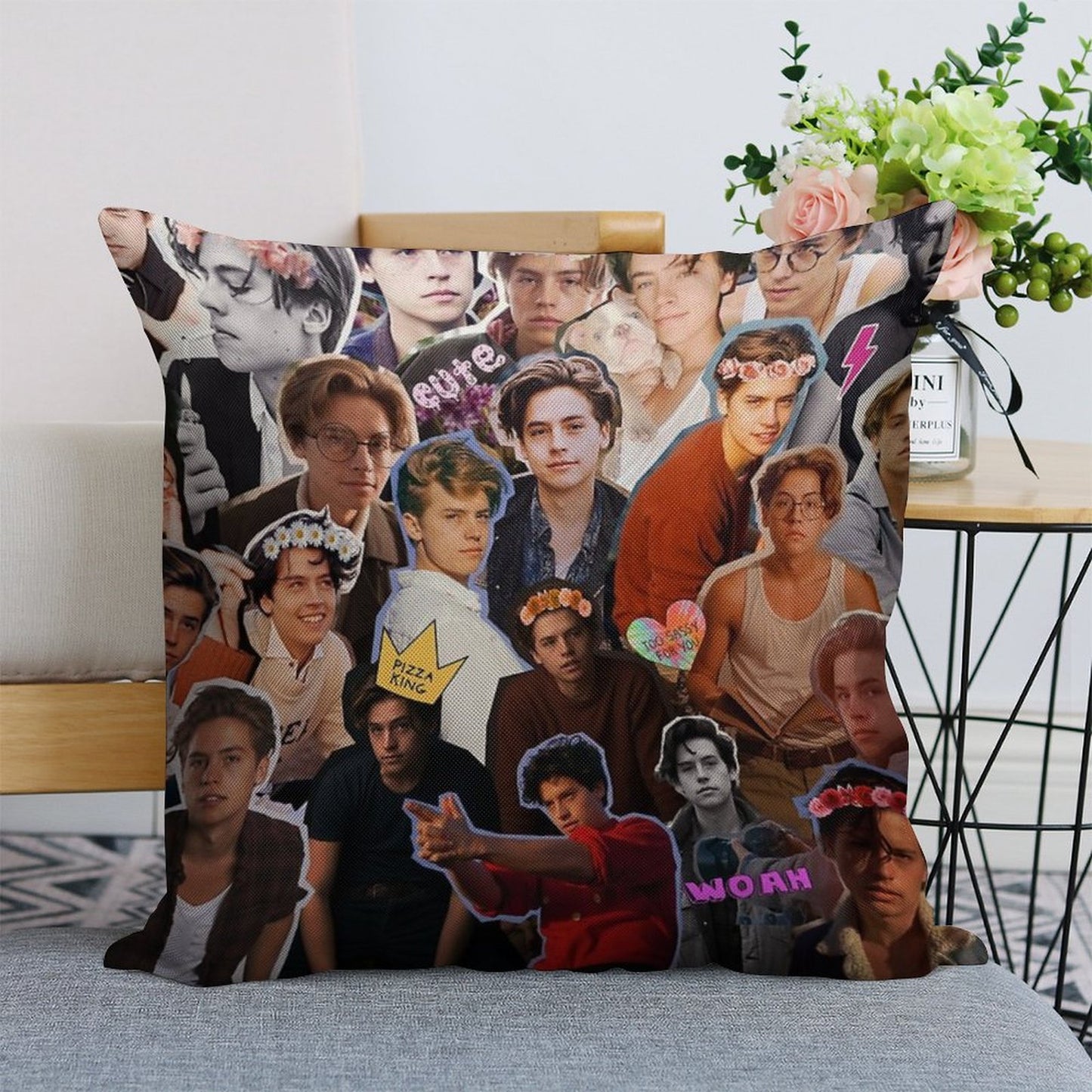 Cole Sprouse Collage Linen Throw Pillow Cover