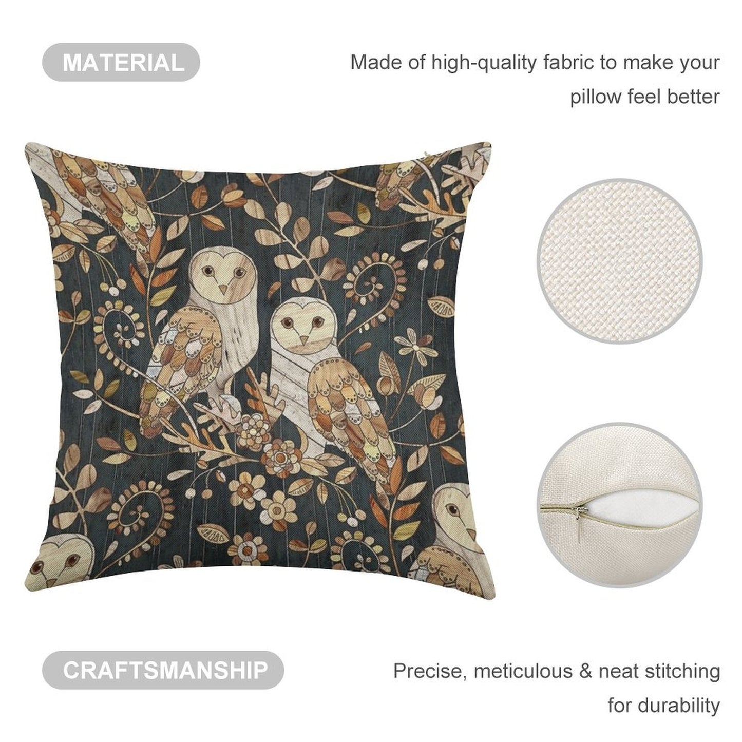 Wooden Wonderland Barn Owl Collage Linen Throw Pillow Cover