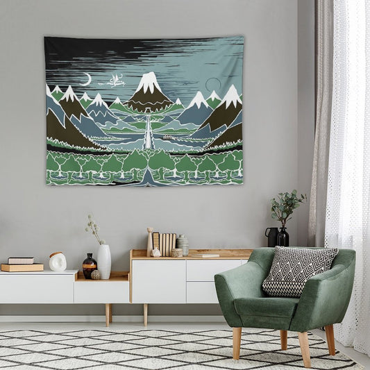 A Halflings Journey on A Mountain Path Through An Elven Wood in The Style of J.R.R.Tolkien Tapestry