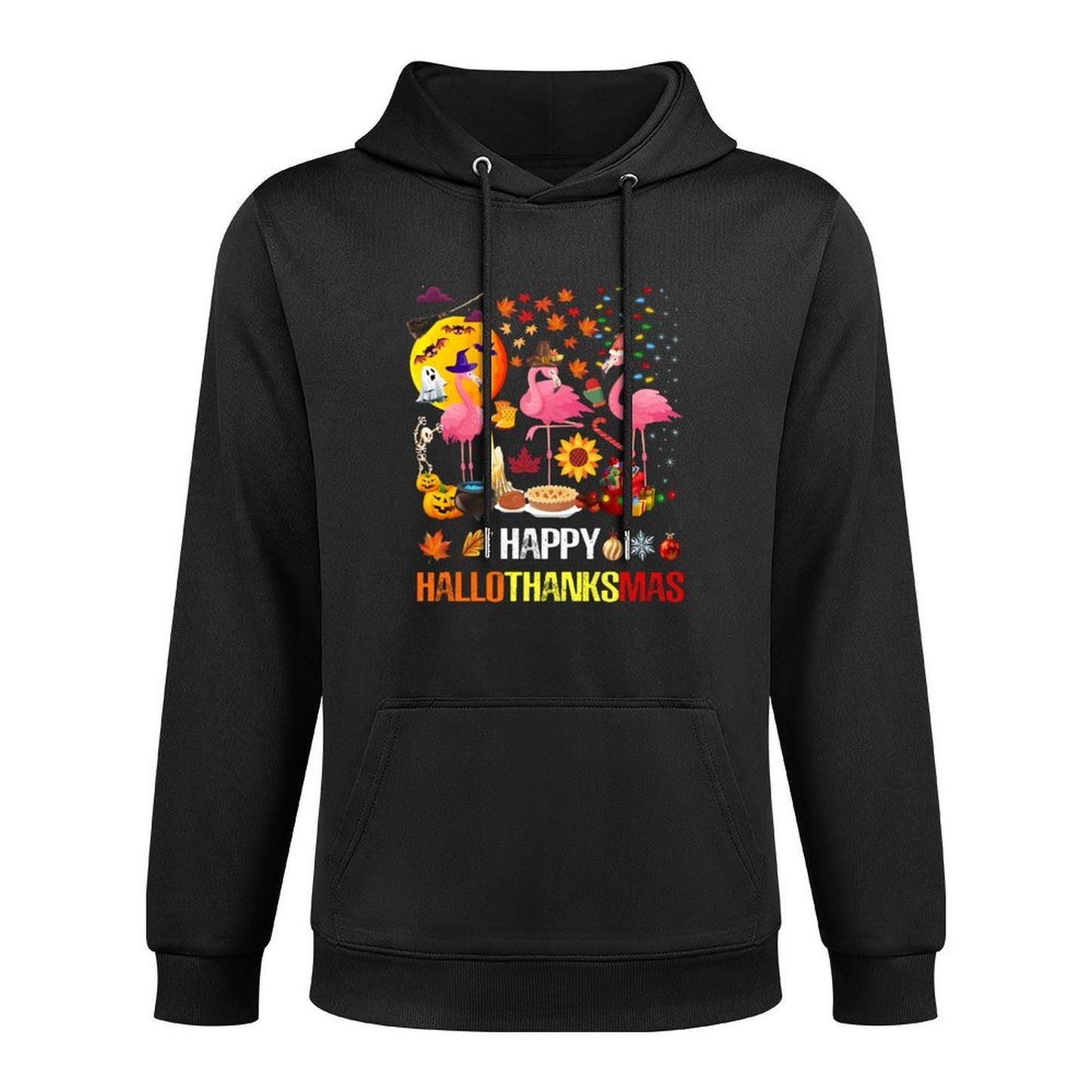 Happy Hallothanksmas Flamingo Halloween Thanksgiving Xmas Machine Washable Hoodie