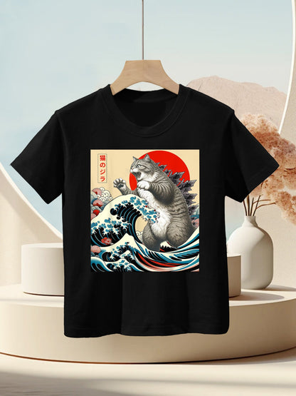 Catzilla Cat Japanese Art Funny Cat Gifts For Men Women Kid Kids T-Shirt