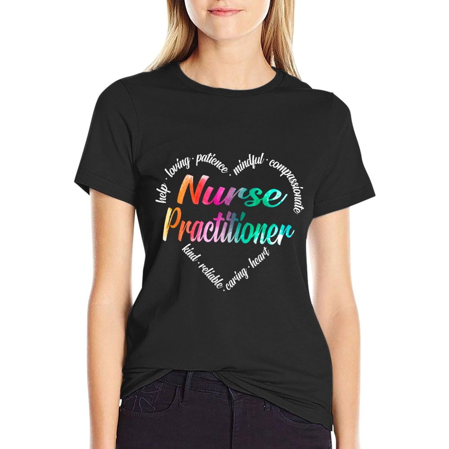 Nurse Practitioner Heart Word Cloud Watercolor Rainbow T-Shirt
