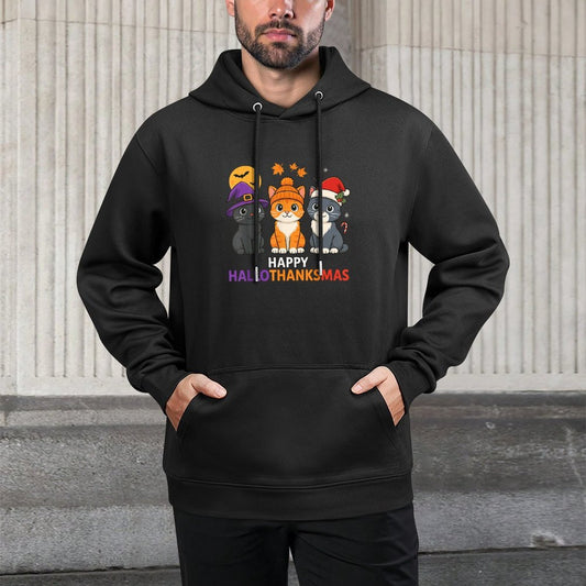 Cat Halloween Christmas Happy Hallothanksmas Thanksgiving Kangaroo Pocket Hoodie