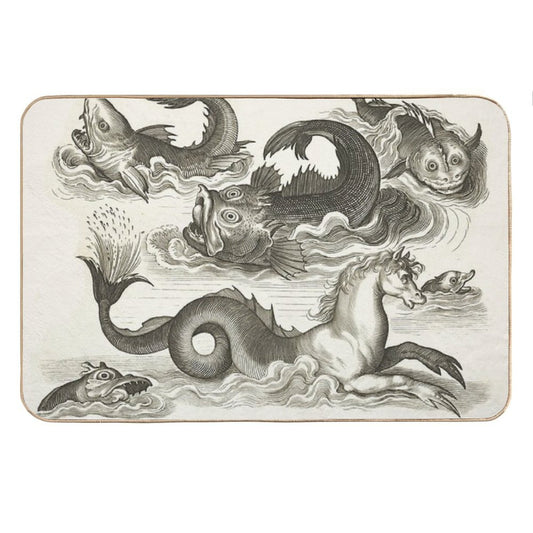 MEDIEVAL BESTIARY,Black White Fantastic Aquatic Animals And Sea Horse of Neptune Bath Mat