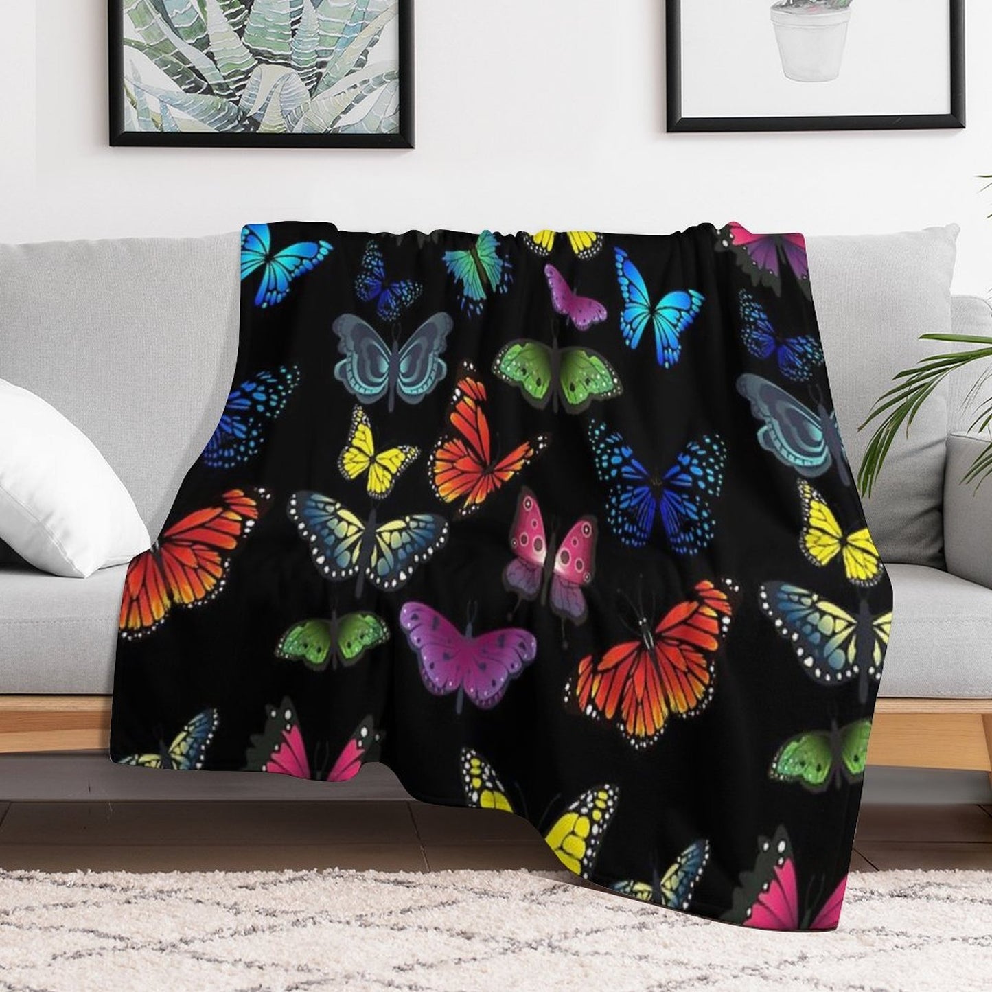Butterfly Print, Black Throw Blanket