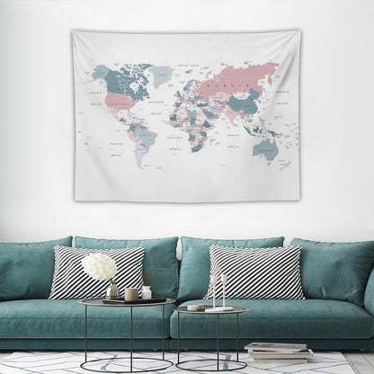 Map of The World in Pink And Blue Tapestry