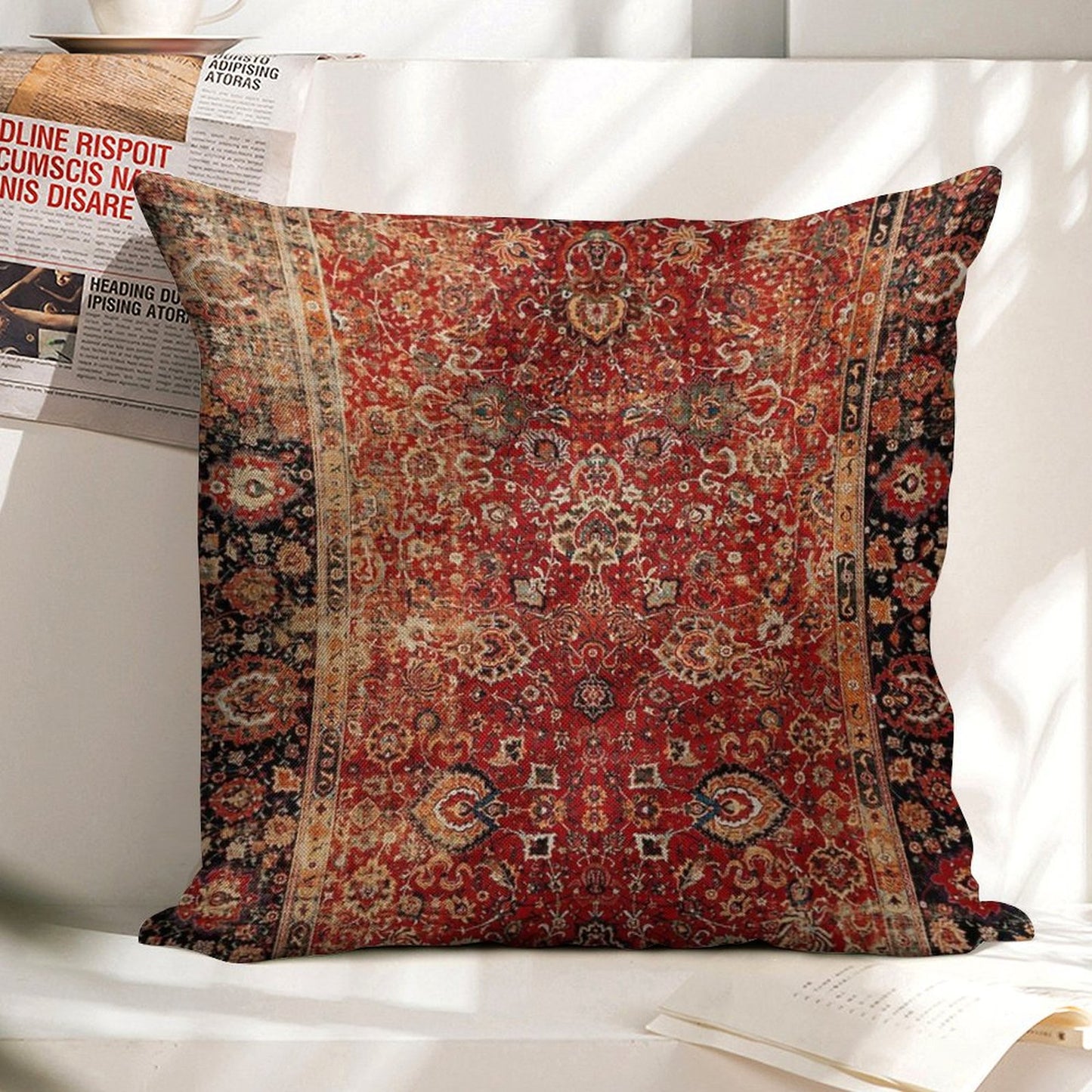 17th Century Afghanistan Rug Print Linen Throw Pillow Cover