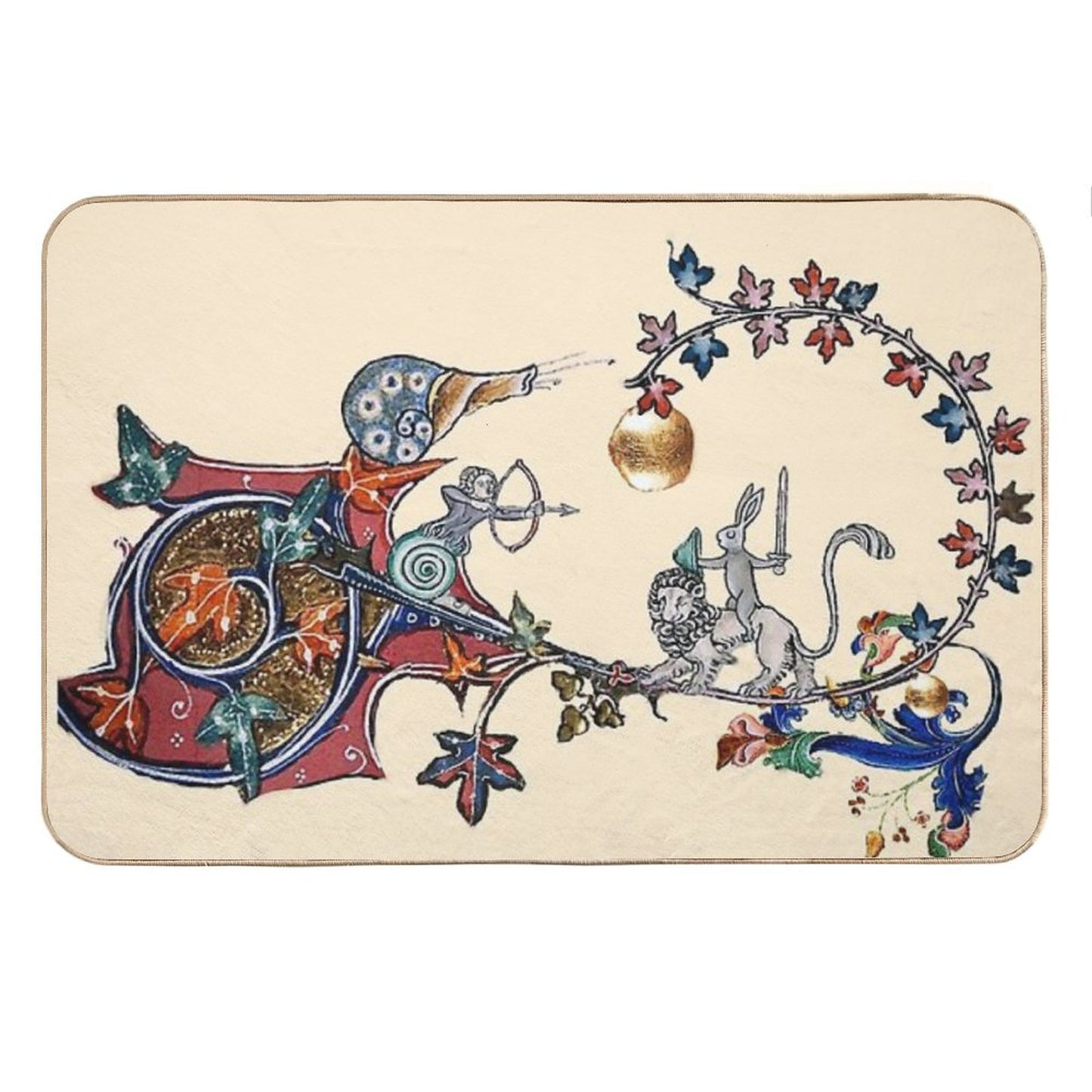 WEIRD MEDIEVAL BESTIARY WAR Between Snails And Killer Rabbit Riding Lion by Bulgan Lumini Bath Mat